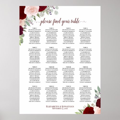 16 Table Red  Pink Floral Wedding Seating Chart