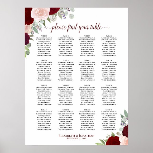 16 Table Red & Pink Floral Wedding Seating Chart (Front)