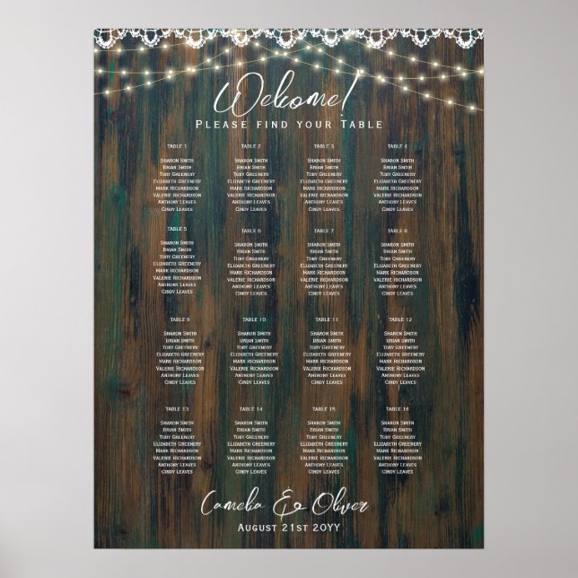16 Table Rustic Lace Lights SEATING CHART BUDGET (Front)