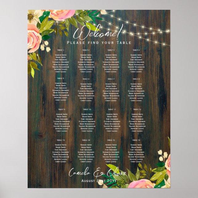 16 Table Rustic Pink Floral SEATING CHART BUDGET (Front)