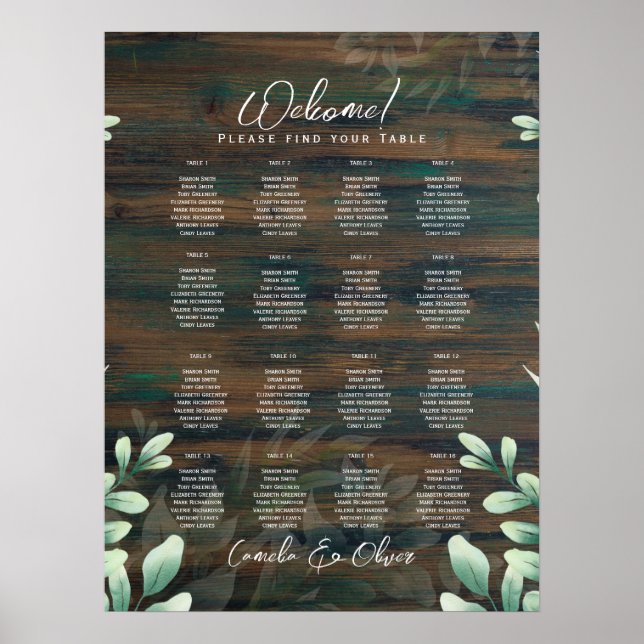 16 Table Rustic Wood Greenery Eucalyptus SEATING P Poster (Front)