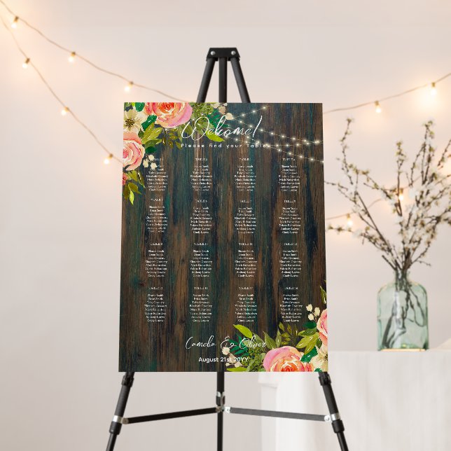 16 Table Rustic Wood Pink Floral SEATING CHART Foam Board (In Situ (Stand))