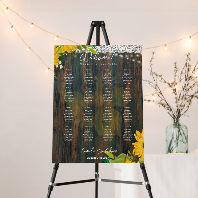 16 Table Rustic Wood Sunflowers Lace SEATING CHART Foam Board (In Situ (Stand))