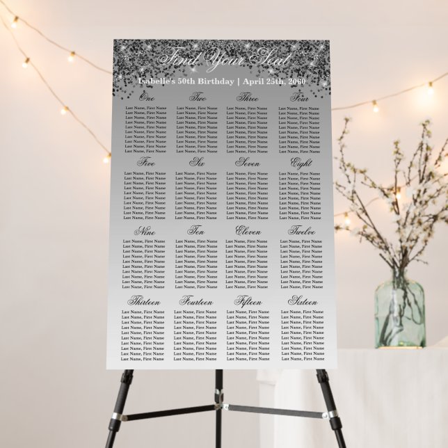 16 Table Seating Chart Template Black Glitter Foam Board (In Situ (Stand))
