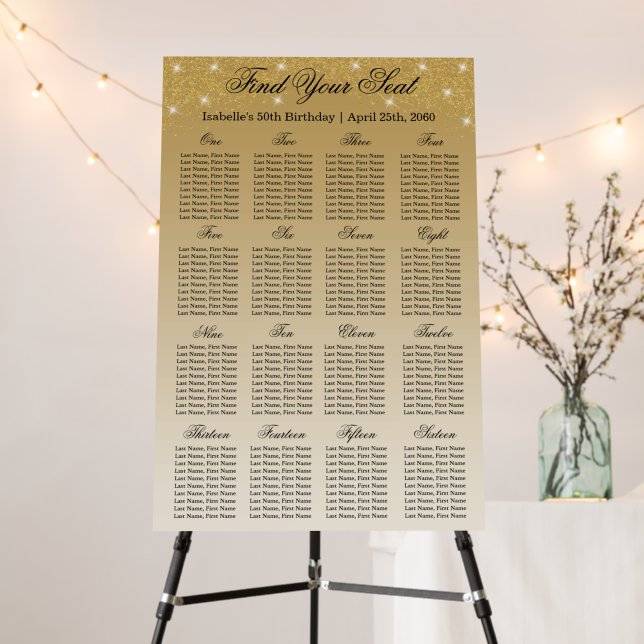 16 Table Seating Chart Template Gold Glitter Foam Board (In Situ (Stand))