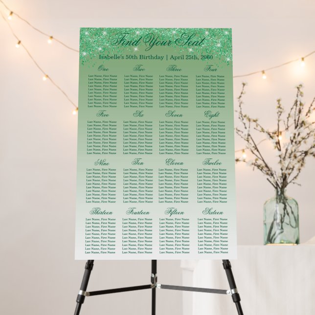 16 Table Seating Chart Template Green Glitter Foam Board (In Situ (Stand))