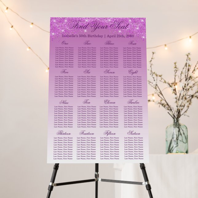 16 Table Seating Chart Template Pink Glitter Foam Board (In Situ (Stand))