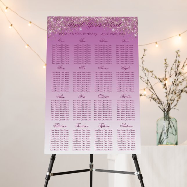 16 Table Seating Chart Template Rose Gold Glitter Foam Board (In Situ (Stand))