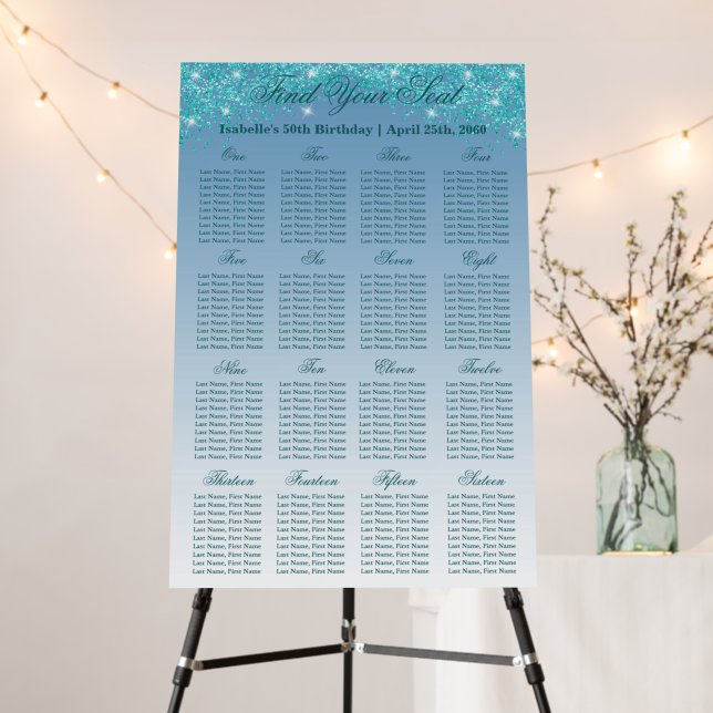 16 Table Seating Chart Template Teal Blue Glitter Foam Board (In Situ (Stand))