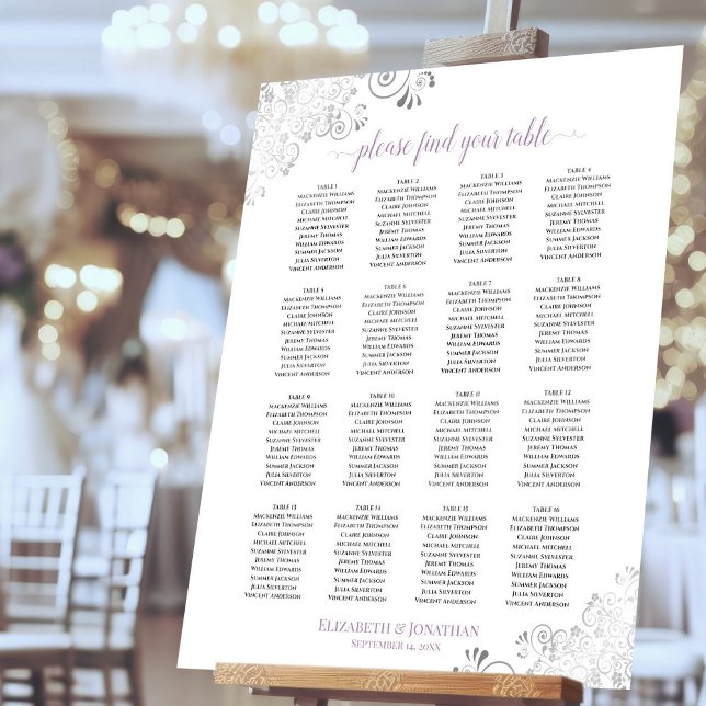 16 Table Silver Curls Lavender White Seating Chart Foam Board (On Stand at Reception)
