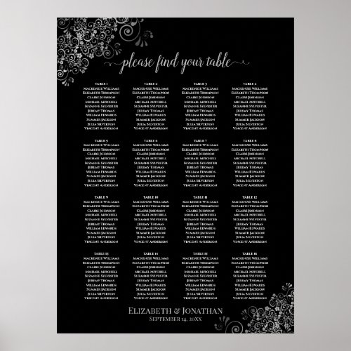 16 Table Silver Frills Black Wedding Seating Chart