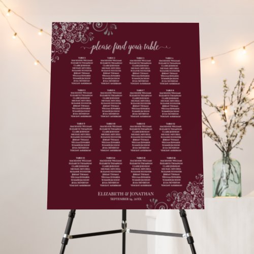 16 Table Silver Lace on Burgundy Seating Chart Foam Board
