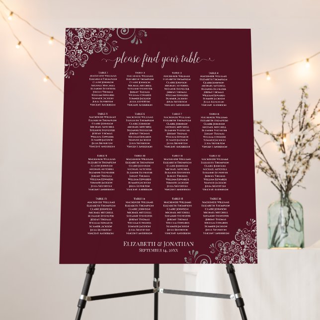 16 Table Silver Lace on Burgundy Seating Chart Foam Board (In Situ (Stand))