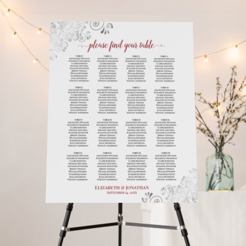 16 Table Silver Lace  Red on White Seating Chart Foam Board