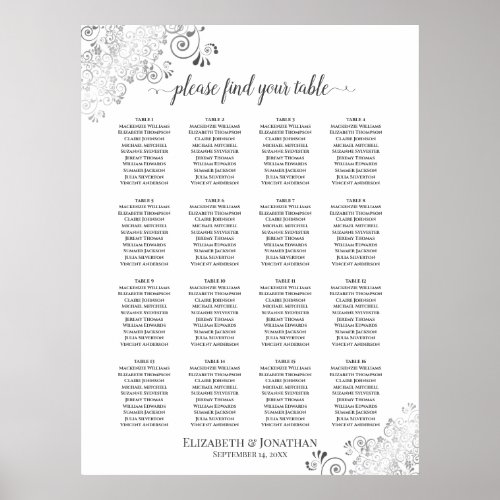 16 Table Silver Lace Wedding Seating Chart White