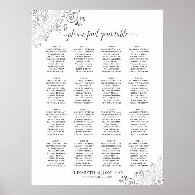 16 Table Silver Lace Wedding Seating Chart White (Front)