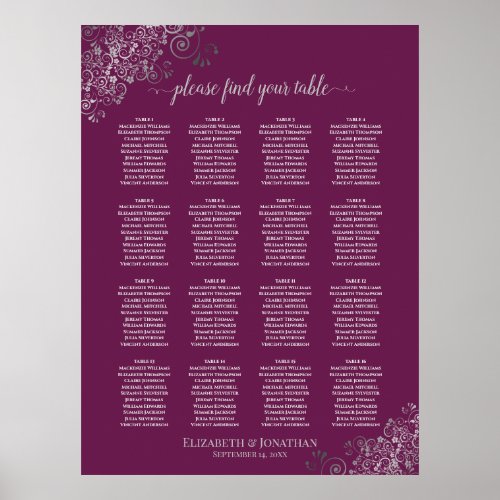 16 Table Silver on Cassis Wedding Seating Chart