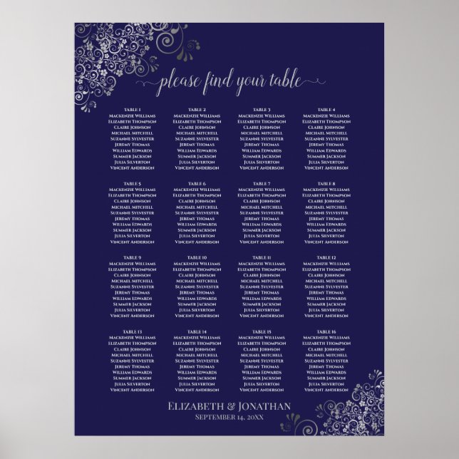 16 Table Silver on Navy Blue Wedding Seating Chart (Front)
