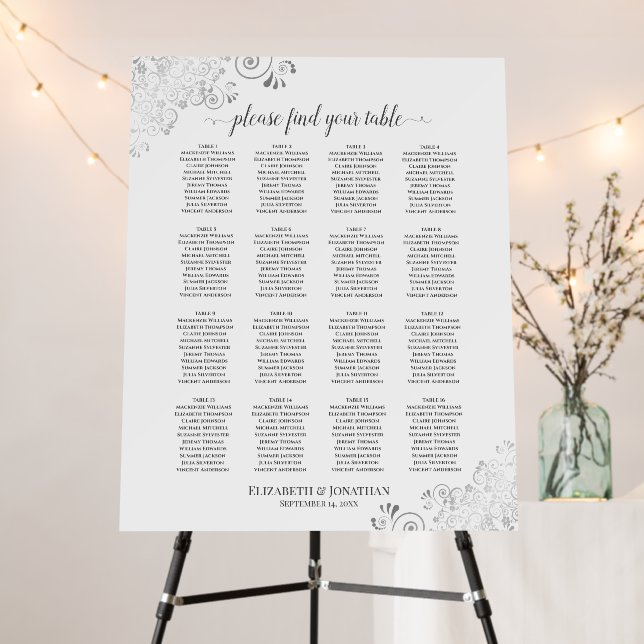 16 Table Silver & White Wedding Seating Chart Foam Board (In Situ (Stand))