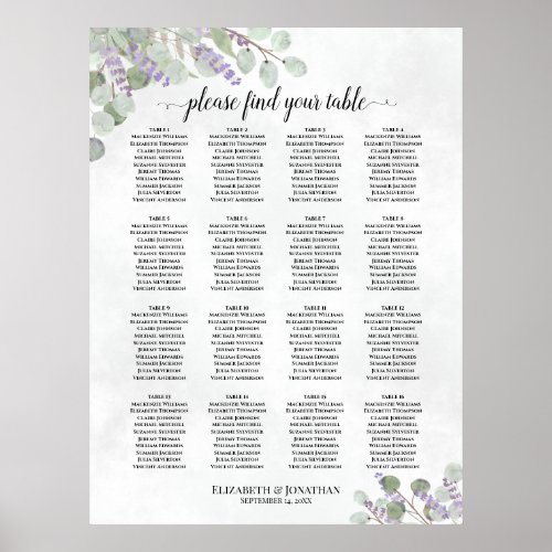 16 Table Wedding Seating Chart Eucalyptus Lavender
