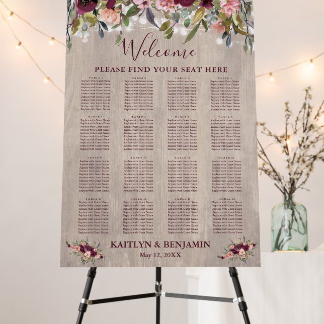 16 Table Wood Painted Flowers Lights Seating Chart Foam Board (In Situ (Stand))