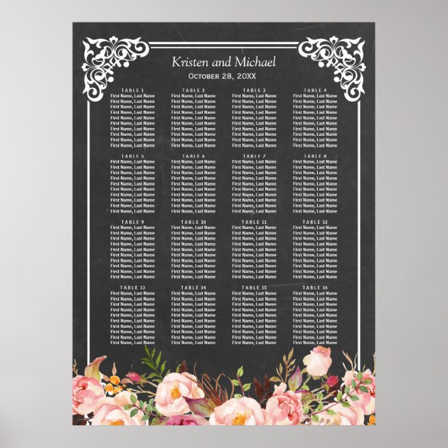 16 Tables Floral Chalkboard Wedding Seating Chart