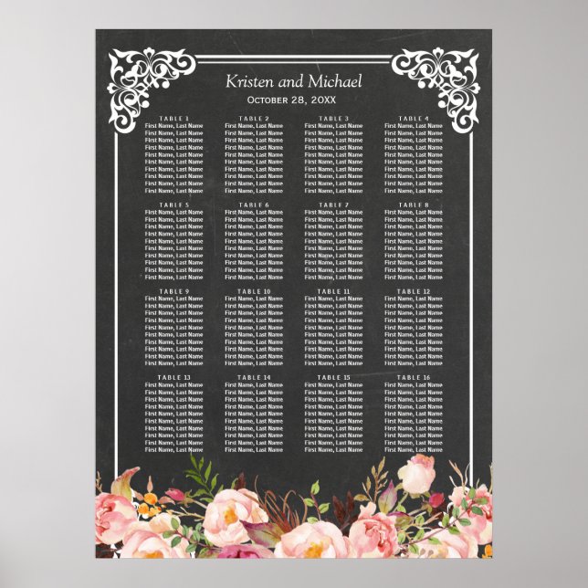 16 Tables Floral Chalkboard Wedding Seating Chart (Front)