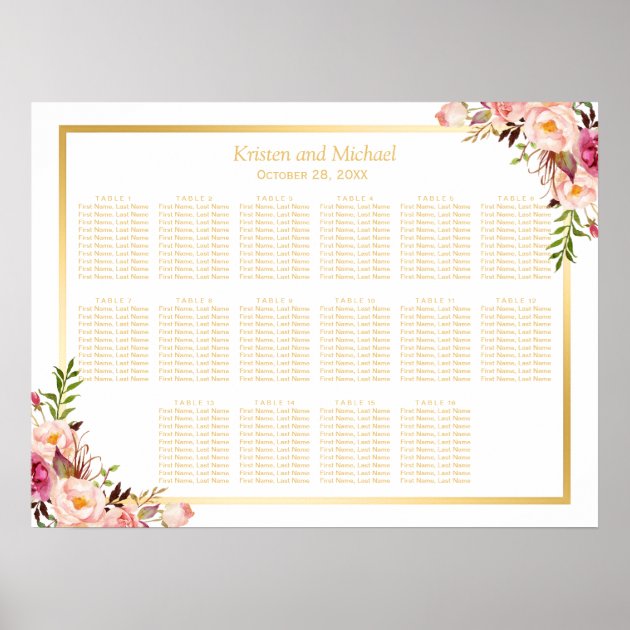 16 Tables Gold Chic Floral Wedding Seating Chart