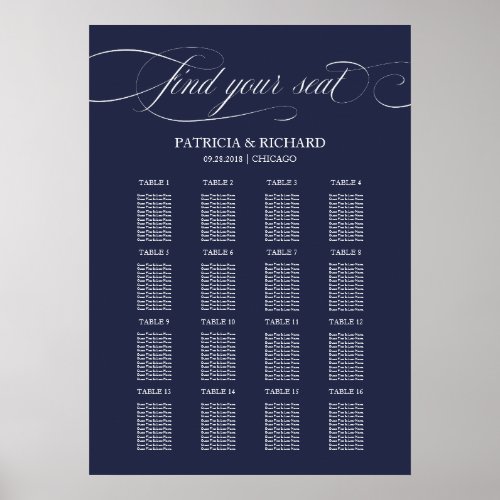 16 Tables Navy Blue Wedding Seating Chart Sign