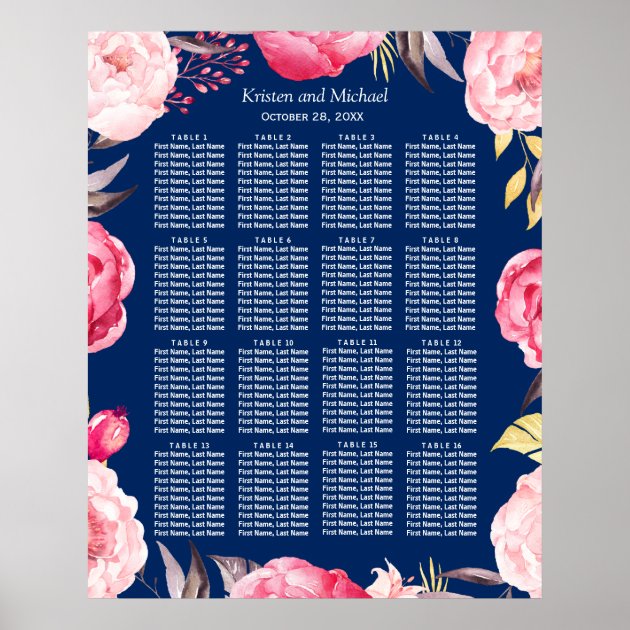 16 Tables Pink Floral Wreath Wedding Seating Chart
