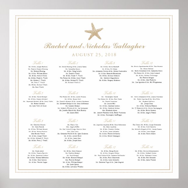 16 Tables Tan Starfish Wedding Seating Chart (Front)