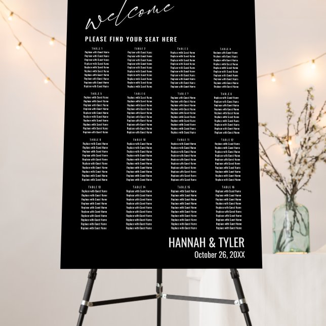 16 Tables Wedding Reception Black Seating Chart Foam Board (In Situ (Stand))