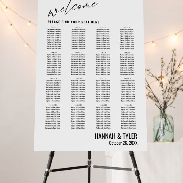 16 Tables Wedding Reception BW Seating Chart Foam Board (In Situ (Stand))