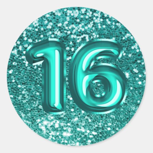 16 Teal Foil Balloons Sparkly Chunky Glitter Classic Round Sticker