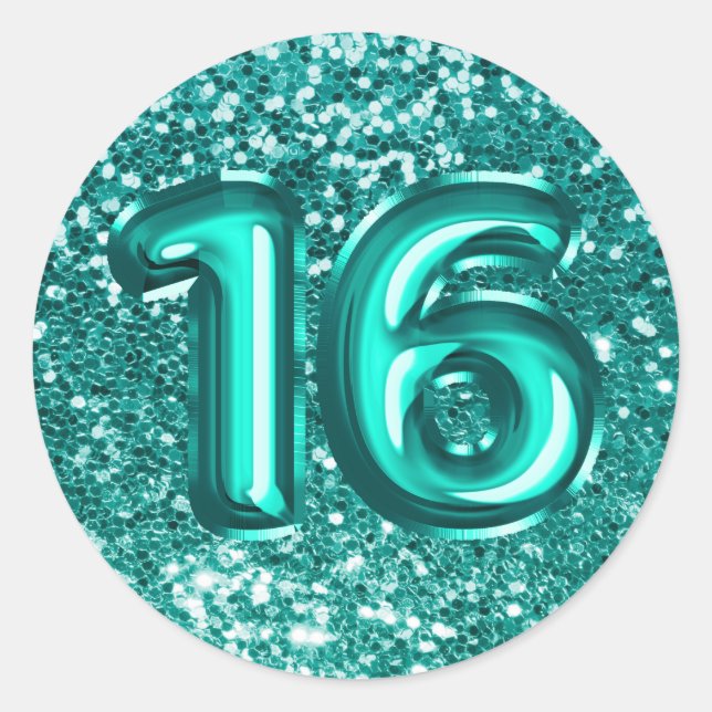 16 Teal Foil Balloons Sparkly Chunky Glitter Classic Round Sticker (Front)