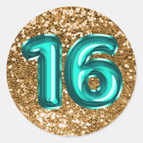 16 Teal Foil Balloons Sparkly Chunky Gold Glitter Classic Round Sticker