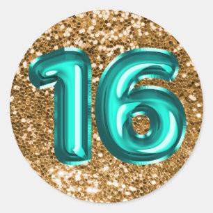 16 Teal Foil Balloons Sparkly Chunky Gold Glitter Classic Round Sticker