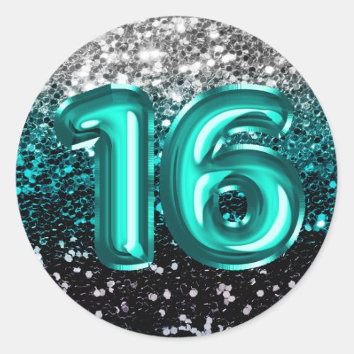 16 Teal Foil Balloons Sparkly Multi Glitter Classic Round Sticker