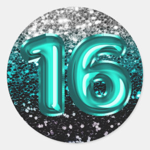 16 Teal Foil Balloons Sparkly Multi Glitter Classic Round Sticker