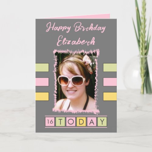 16 today add photo and name grey pink birthday card