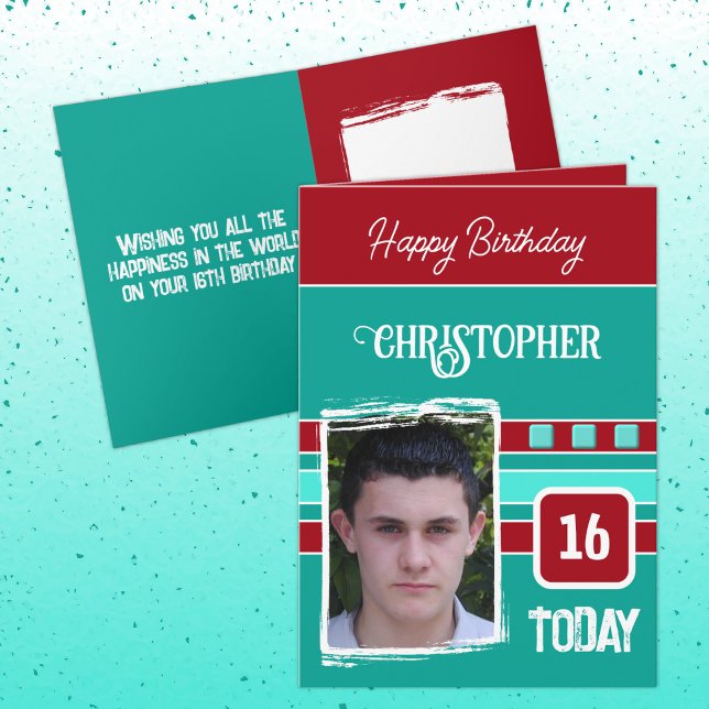 16 today add photo for him red green birthday card (Creator Uploaded)