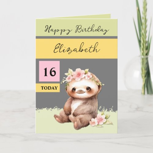 16 today sloth add name grey pink birthday card