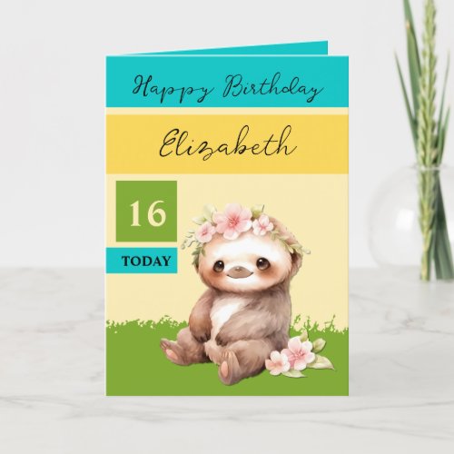 16 today sloth add name turquoise yellow birthday card