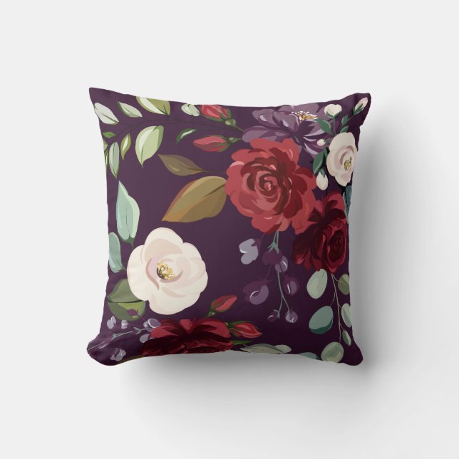 16"x16" Throw Pillow Plum Purple Roses Gold Geomet (Front)