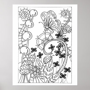 16"x 20" Butterfly with fantasy flowers coloring Poster