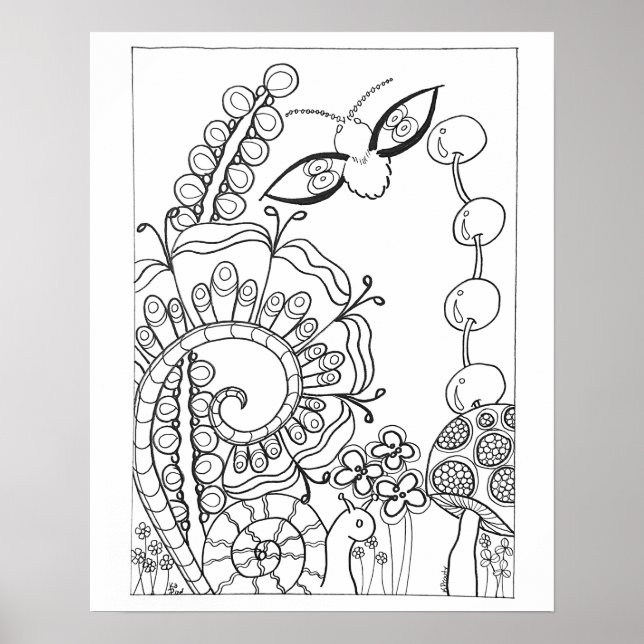 16"x 20" Moth, snail with fantasy flowers coloring Poster (Front)