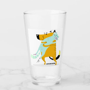 16oz. Pint glass with Dog and Cat Hugging