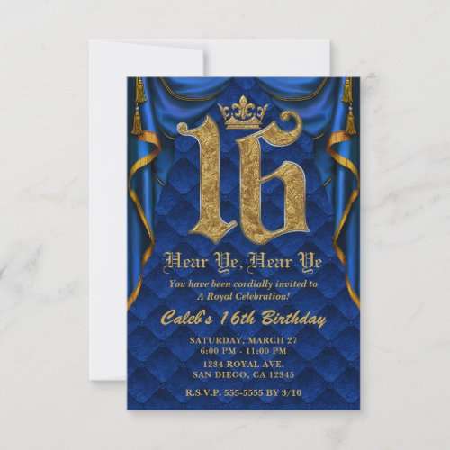 16TH 16 Birthday Party Royal Blue Gold Crown  Invitation