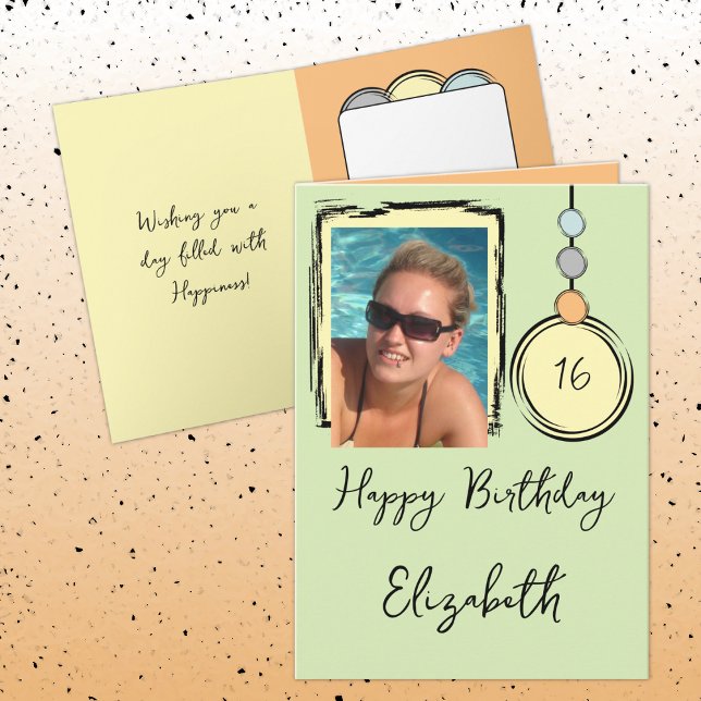 16th add name photo any age green birthday card (Creator Uploaded)