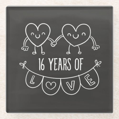 16th Anniversary Gift Chalk Hearts Glass Coaster